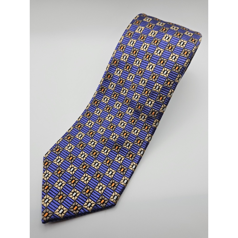 JZ Richards Nordstrom Mens Silk Tie Blue Tan Geometric Square Pattern USA Made
